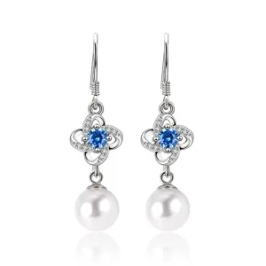 Pendientes colgantes de perla trébol diamante brillante plata esterlina 925 para mujer