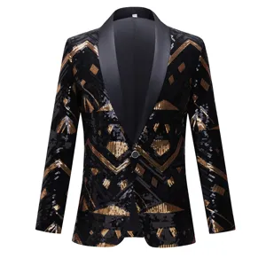 Men black gold sequin blazer shawl lapel geometric pattern party DJ wedding jacket