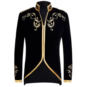 Close-up of gold embroidered pattern and velvet texture on the front collar and chest.