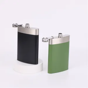 Portable 9oz stainless steel hip flask set with black and green finish for outdoor travel.