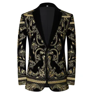 Detailed view of luxury black velvet mens blazer jacket featuring ornate gold baroque embroidery.