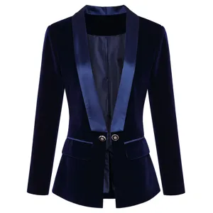 Velvet blazer detail view, women's slim fit elegant suit jacket with satin shawl lapels.