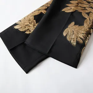 Men's slim fit suit pants with gold sequin applique detailing, ideal for stage and parties.