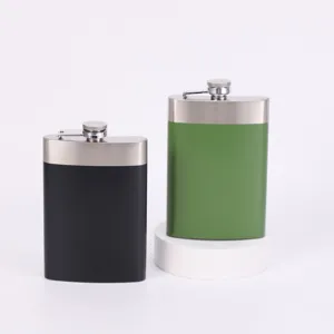 Portable 9oz 304 stainless steel hip flask for outdoor travel, black and green pocket flask
