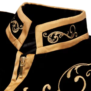 Men luxury velvet court jacket detail with gold embroidery stand collar theatrical costume