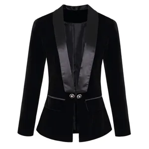 Velvet blazer detail showcasing black satin lapel and slim fit design for women.
