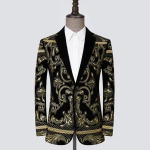 Men's black velvet gold embroidered blazer luxury baroque style formal suit jacket detail