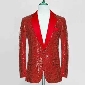 Men's red sequin blazer detail view showing geometric triangle pattern and satin lapel.