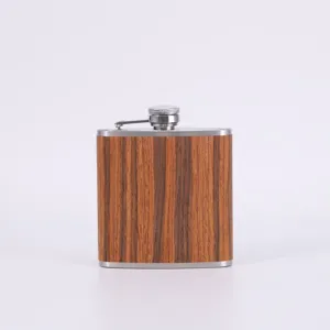 Stainless steel pocket hip flask with wood grain finish, portable outdoor 6oz liquor flask.