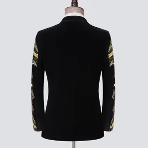 Men black velvet embroidered blazer detail, showcasing ornate gold sleeve patterns for events.