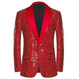 Close-up detail of men red sequin blazer jacket, featuring geometric pattern and satin lapel.