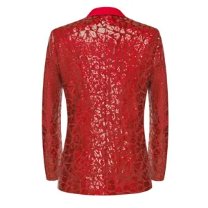 Detail view of the back of a red sequined men blazer showcasing the geometric sequin pattern.