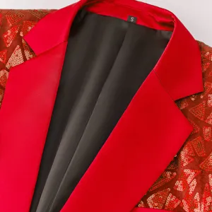 Detail shot of men red sequin blazer jacket with satin lapel and black lining size S.