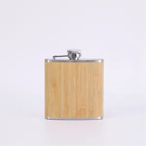 Detailed view of the stainless steel hip flask featuring bamboo texture and metal cap.