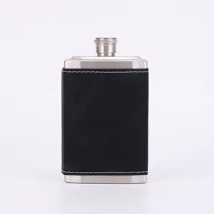 Stainless steel hip flask with black leather cover, portable pocket flask for outdoor travel.