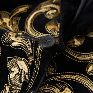 Men black velvet embroidered blazer jacket with gold scroll pattern detail close up view