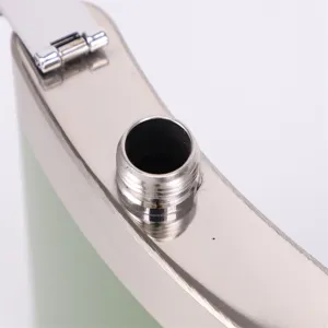 Detail shot of stainless steel hip flask mouth and cap hinge, showing metal texture and craftsmanship.