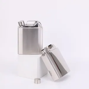 Vue détaillée de la flasque en acier inoxydable jerrycan, contenant portable créatif en métal.