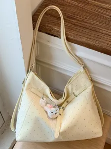 Women Large Capacity Tote Bag PU Leather Polka Dot Shoulder Crossbody Bag Commuter Handbag With Cute Rabbit Pendant