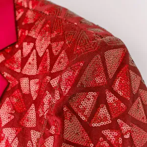 Men's red sequin blazer detail, triangular pattern party suit jacket for stage performance