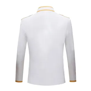 White men's court style suit jacket back view with gold trim details for performance.