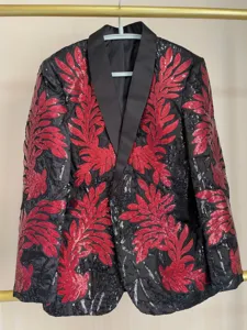 Men's stylish black sequin blazer with striking red floral pattern and satin lapel for events.