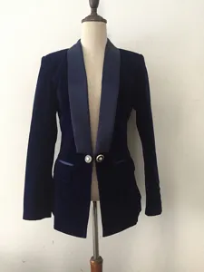 Dark blue velvet blazer detail, elegant shawl lapel women jacket, slim fit fashion apparel.