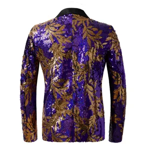 Herren Pailletten Sakko Violett Gold Blumen Muster Bühne Performance Jacke Blazer