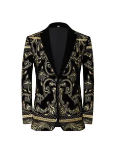 Men's Casual Slim Fit Embroidered Velvet Blazer Jacket Notched Lapel One Button Tuxedo For Stage Performance Party