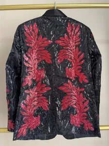 Back detail of the black men sequin blazer showcasing intricate red leaf applique patterns.