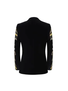 Black velvet men's blazer with elegant gold sleeve embroidery for formal events and parties.