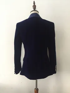 Dark blue velvet blazer women slim fit elegant single breasted suit jacket detail.