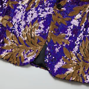 Herren Pailletten Sakko Detail lila goldenes Blatt Bühne Performance Anzug Jacke