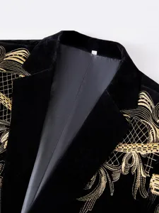 Men black velvet blazer with gold embroidery, notched lapel formal suit jacket for men.