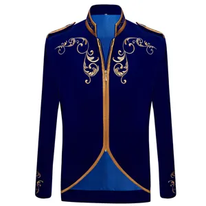 Men's royal blue velvet jacket with gold embroidery, vintage court style stage costume.