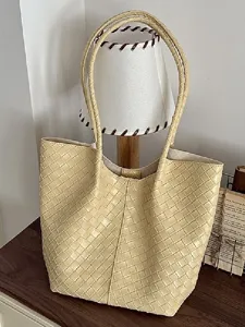 Women Large Capacity Woven Tote Bag Fashion Minimalist Commuter PU Leather Shoulder Bag