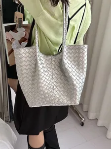 Silver woven leather tote bag for women, stylish large capacity minimalist commuter shoulder bag.