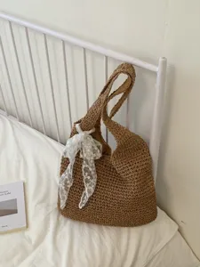 Bolso Tote De Paja Tejida Verano Gran Capacidad Mujer Bolso De Hombro Con Lazo Encaje