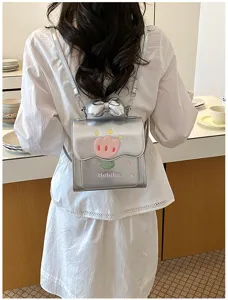 Petit sac à dos argenté élégant avec broderie tulipe, nœud et style quotidien mignon.