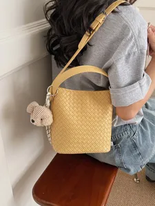 Yellow Woven Bucket Bag Women PU Leather Shoulder Crossbody Bag Large Capacity Handbag
