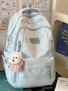 Casual Nylon School Backpack For Students Large Capacity Cute Bear Print Bookbag Travel Daypack With Pendant