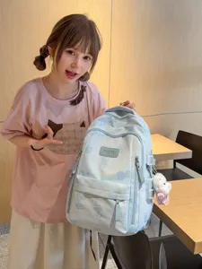 Cute aesthetic student backpack with sweet bear print and pendant for daily school use.