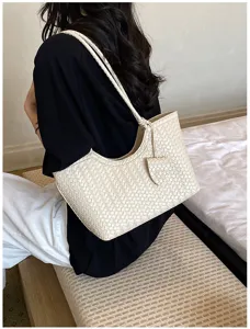 Chic woven leather shoulder bag, large capacity tote for women, stylish summer casual handbag.