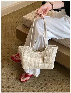 Woven leather tote bag for women chic casual shoulder handbag large capacity daily commute style