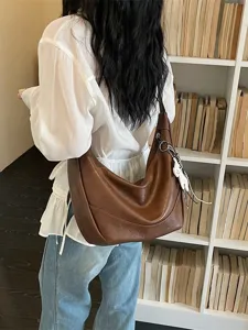 Women Brown Slouchy Shoulder Bag Casual PU Leather Underarm Dumpling Bag Crossbody