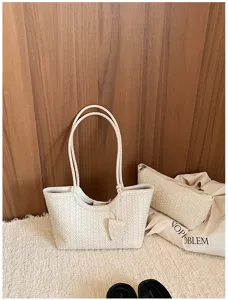 Stylish woven leather tote bag with matching pouch, large capacity casual daily shoulder bag.