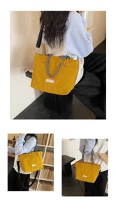 Casual large capacity yellow canvas tote bag with rope handles, detailed wearing view.