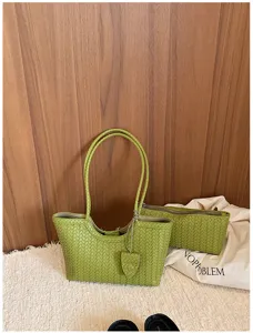 Green woven leather tote bag with matching pouch, stylish casual shoulder bag for women.