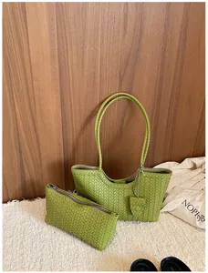 Green woven leather tote bag set stylish shoulder handbag large capacity casual commuter bag