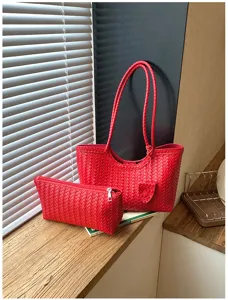 Red woven leather tote bag and pouch set, chic large capacity commuter shoulder bag.